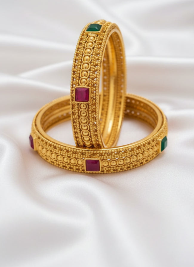 Traditional Gold Plated Antique Bangle Set with Ruby & Emerald Stone Detailing