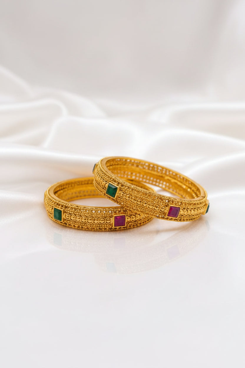 Traditional Gold Plated Antique Bangle Set with Ruby & Emerald Stone Detailing