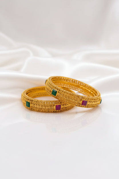 Traditional Gold Plated Antique Bangle Set with Ruby & Emerald Stone Detailing