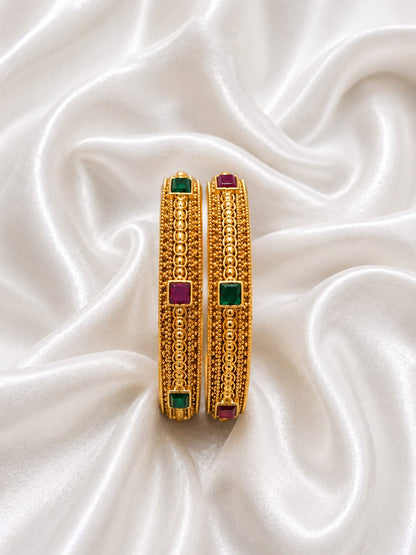 Traditional Gold Plated Antique Bangle Set with Ruby & Emerald Stone Detailing
