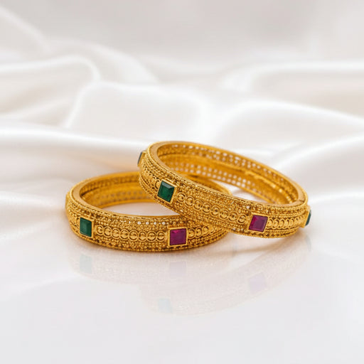Traditional Gold Plated Antique Bangle Set with Ruby & Emerald Stone Detailing