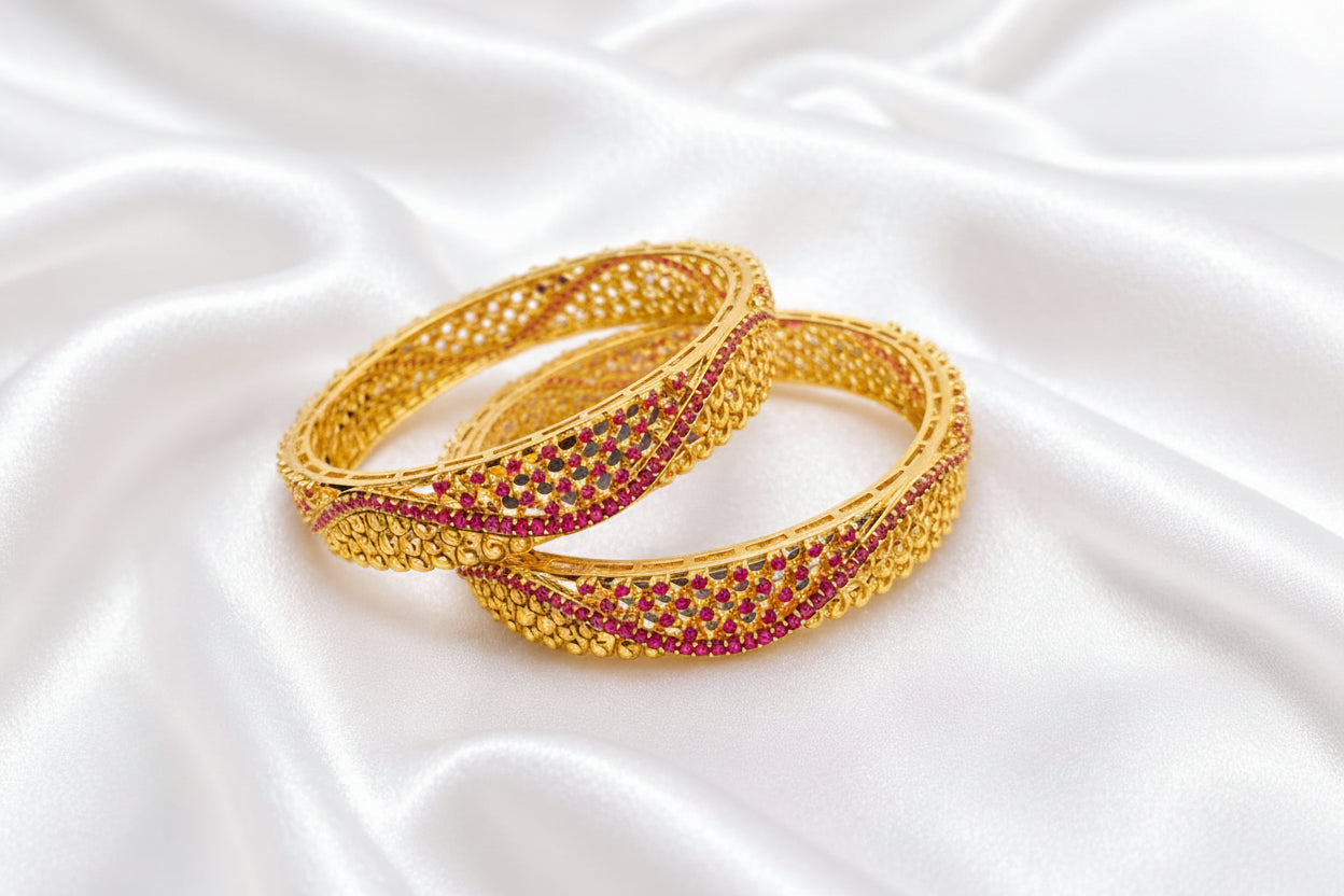 Gold Finish Designer Bangles with Pink & Green Stone Detailing | Traditional Ethnic Jewellery