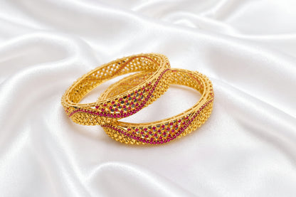 Gold Finish Designer Bangles with Pink & Green Stone Detailing | Traditional Ethnic Jewellery