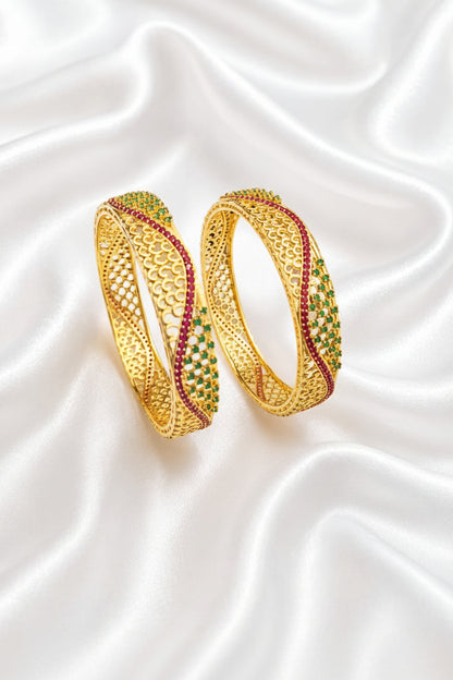 Gold Finish Designer Bangles with Pink & Green Stone Detailing | Traditional Ethnic Jewellery