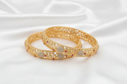 Elegant Gold Floral  & leaf  CZ & Pink Stone Designer Bangle Set