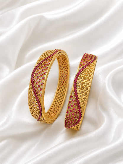 Gold Finish Designer Bangles with Pink & Green Stone Detailing | Traditional Ethnic Jewellery