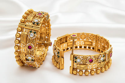 Antique Gold Plated Designer Bangle with Ruby, White Stones & Pearl Detailing
