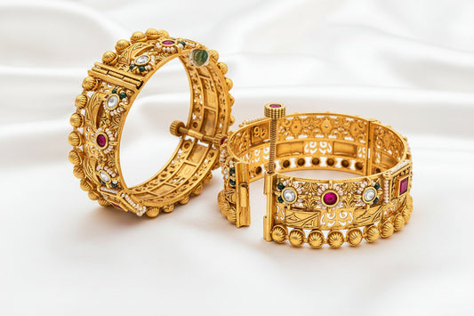 Antique Gold Plated Designer Bangle with Ruby, White Stones & Pearl Detailing