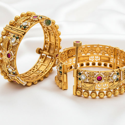 Antique Gold Plated Designer Bangle with Ruby, White Stones & Pearl Detailing