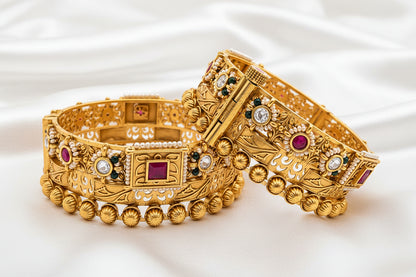 Antique Gold Plated Designer Bangle with Ruby, White Stones & Pearl Detailing