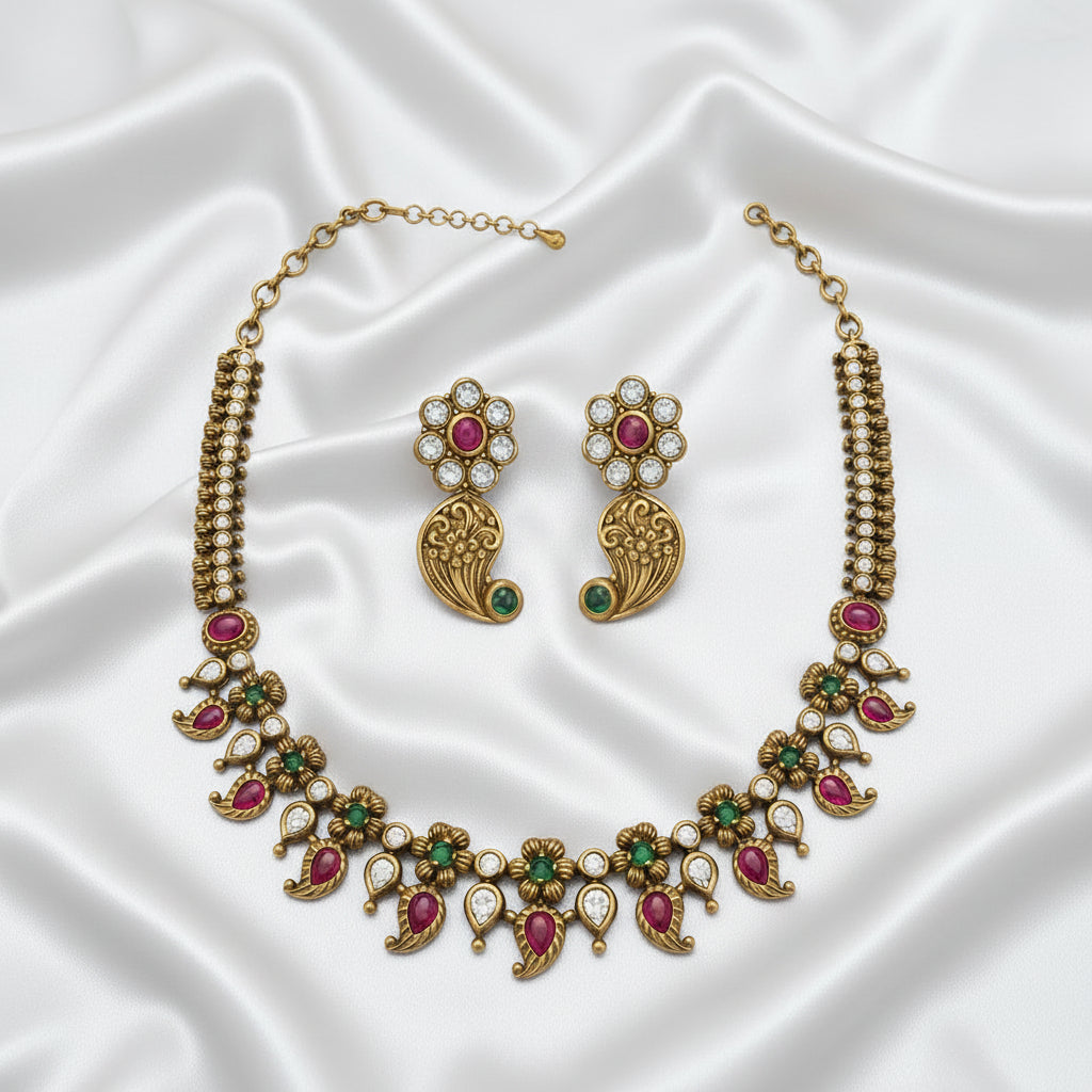 Antique Gold Necklace with Ruby & Emerald Stones – Traditional Floral Designer Jewellery