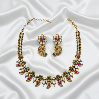 Antique Gold Necklace with Ruby & Emerald Stones – Traditional Floral Designer Jewellery