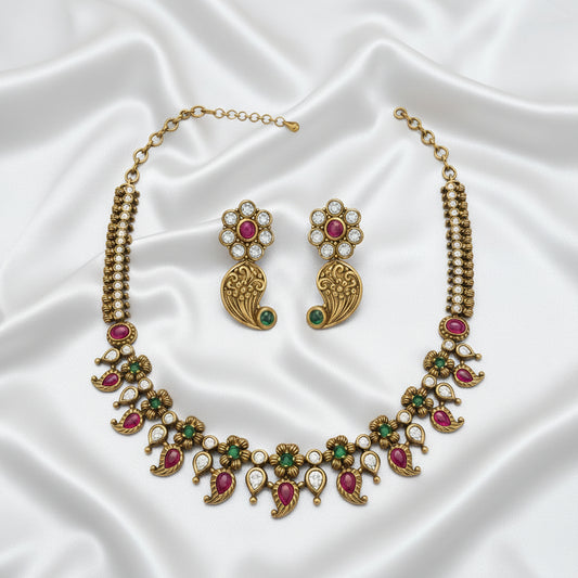 Antique Gold Necklace with Ruby & Emerald Stones – Traditional Floral Designer Jewellery