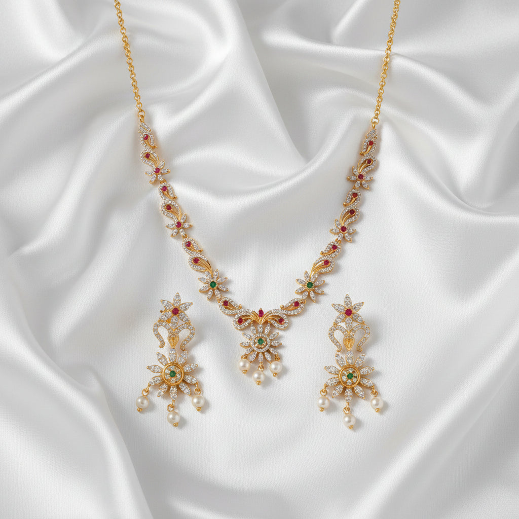 Elegant Gold Plated Floral Necklace Set with Pink & Green Stones and Pearl Drops