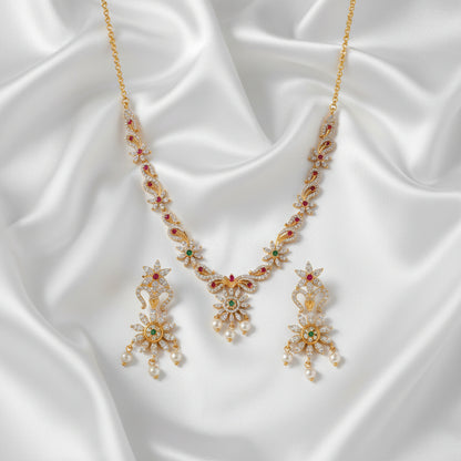 Elegant Gold Plated Floral Necklace Set with Pink & Green Stones and Pearl Drops