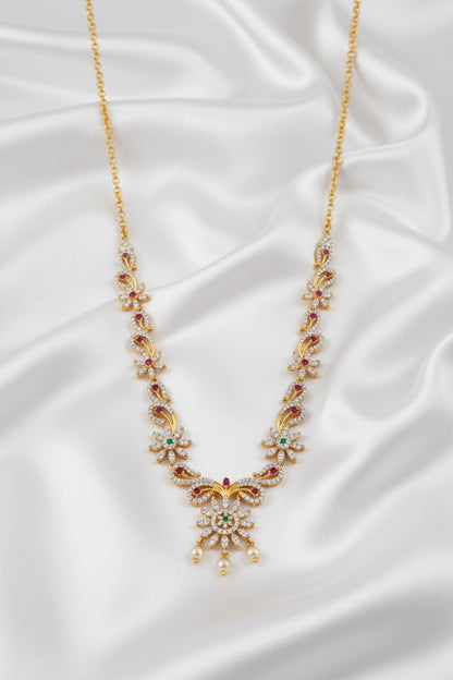 Elegant Gold Plated Floral Necklace Set with Pink & Green Stones and Pearl Drops