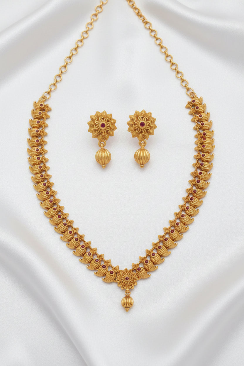 Antique Gold Floral Necklace Set with Ruby Stones and Jhumka Drop Earrings