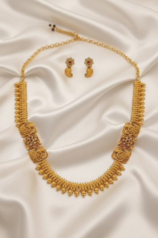 Traditional Gold Plated Mango Mala Long Necklace Set with CZ & Kemp Stone Studs