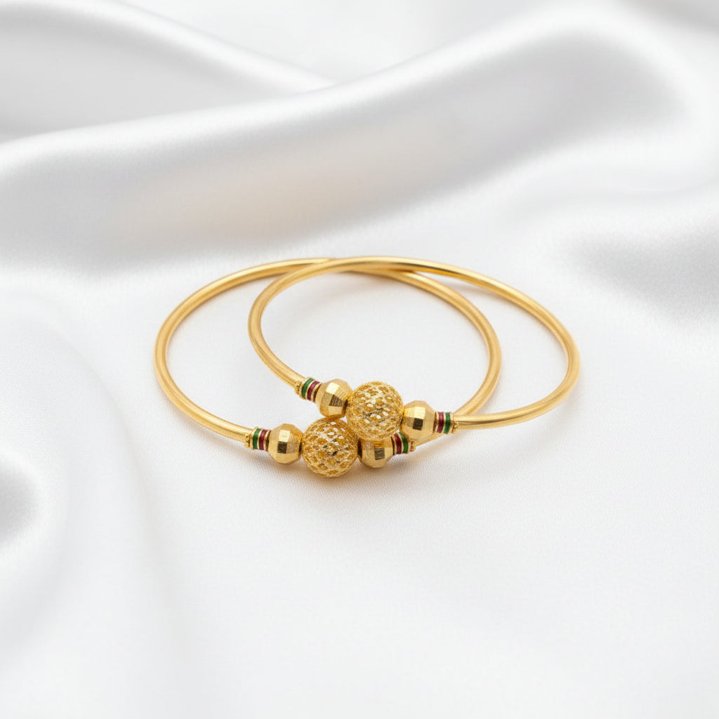 Elegant Gold Finish Beaded Designer Bangles with Green & Red Accents