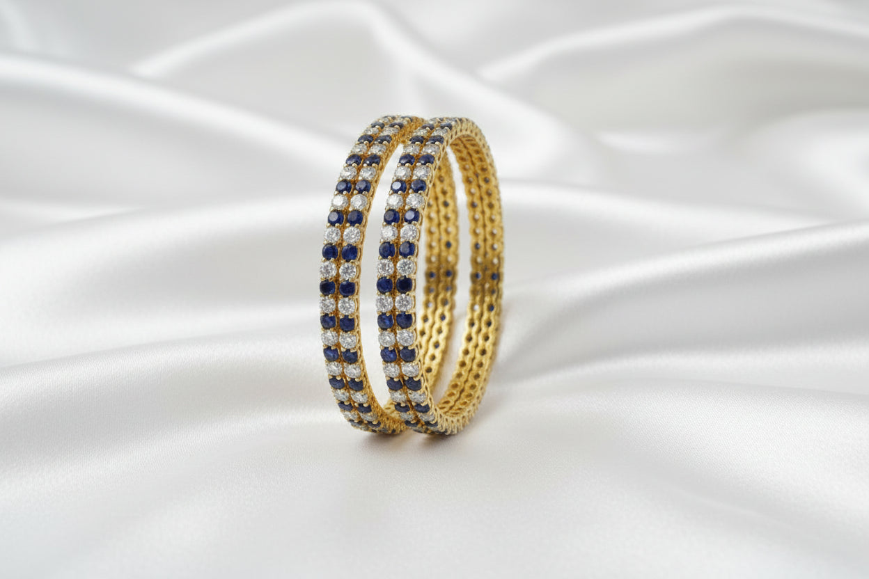 Elegant Gold Finish Blue & White Stone Designer Bangle Set