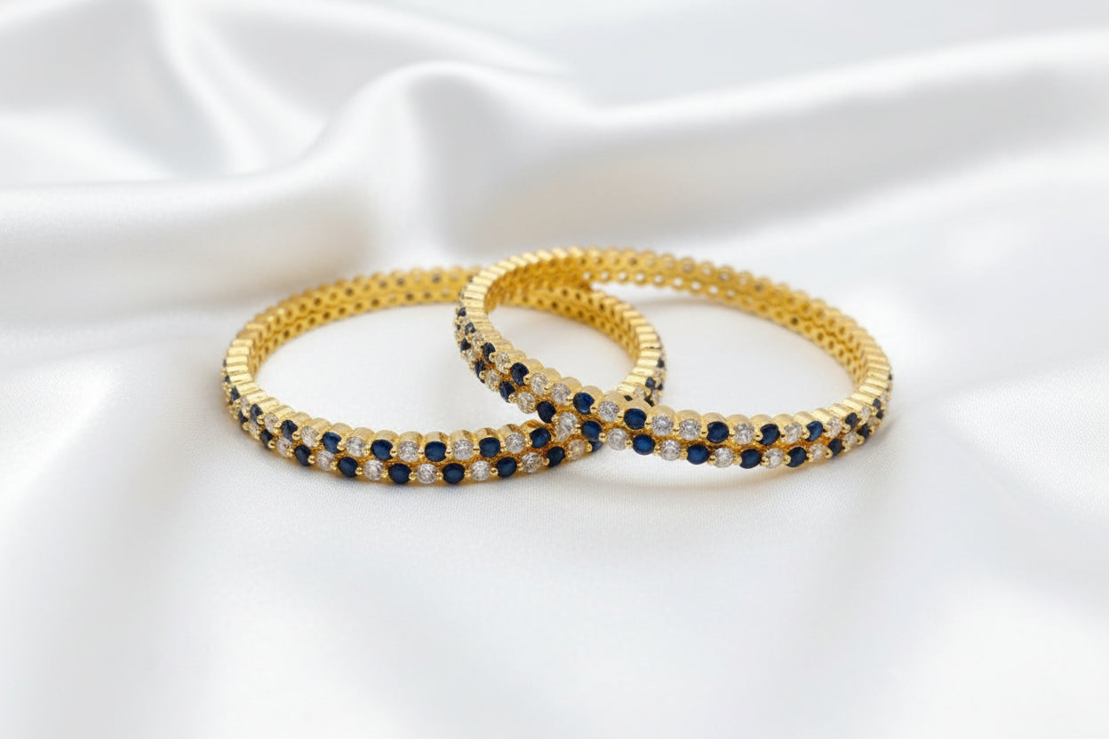 Elegant Gold Finish Blue & White Stone Designer Bangle Set