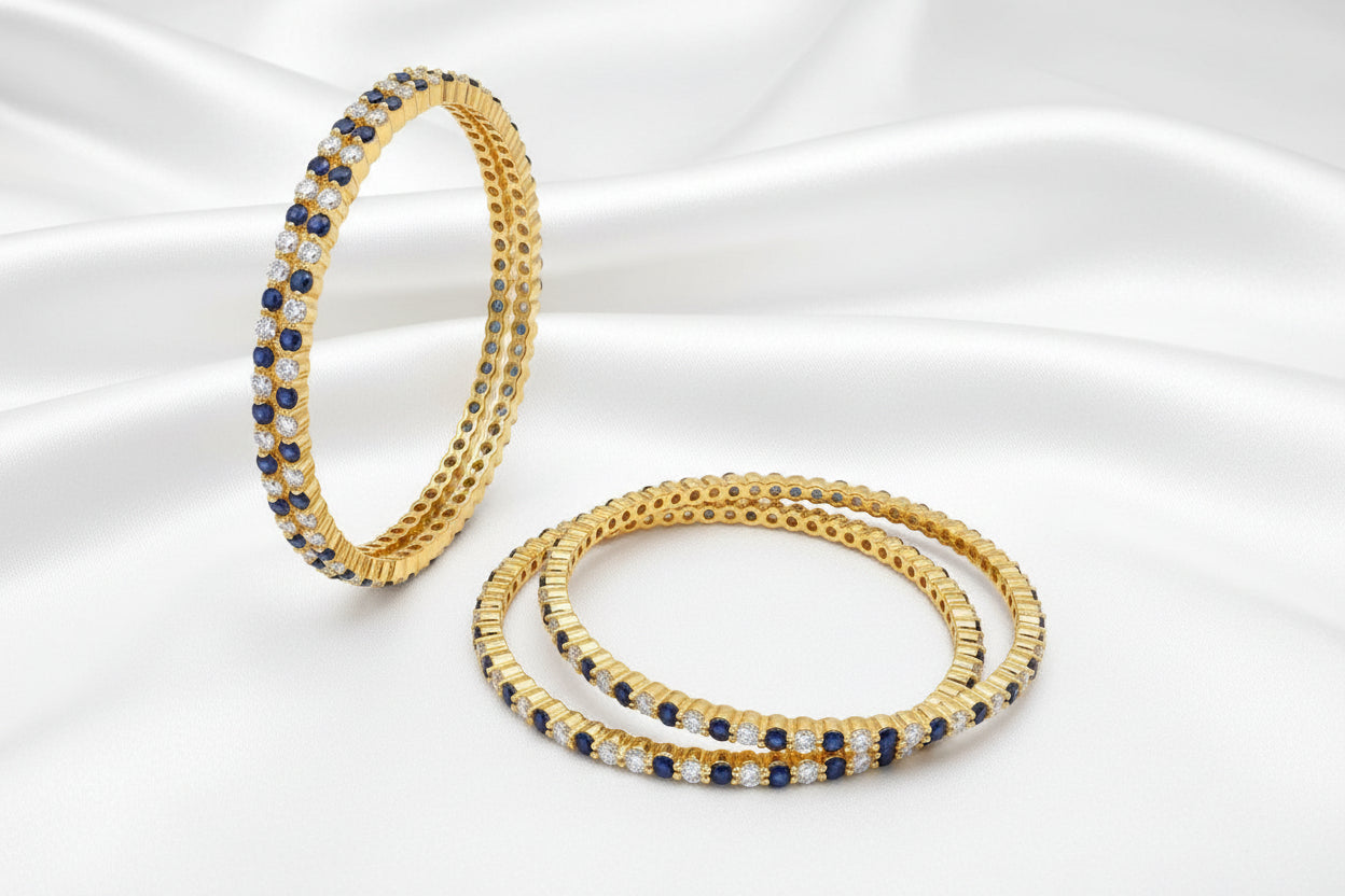 Elegant Gold Finish Blue & White Stone Designer Bangle Set