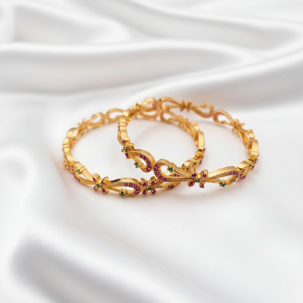 Elegant Floral Pink & Green Stone Gold-Tone Bangles – Pair