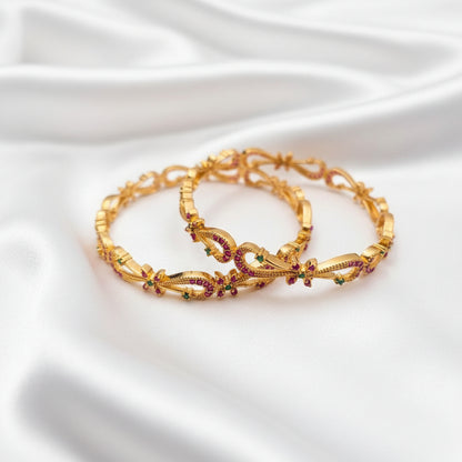 Elegant Floral Pink & Green Stone Gold-Tone Bangles – Pair