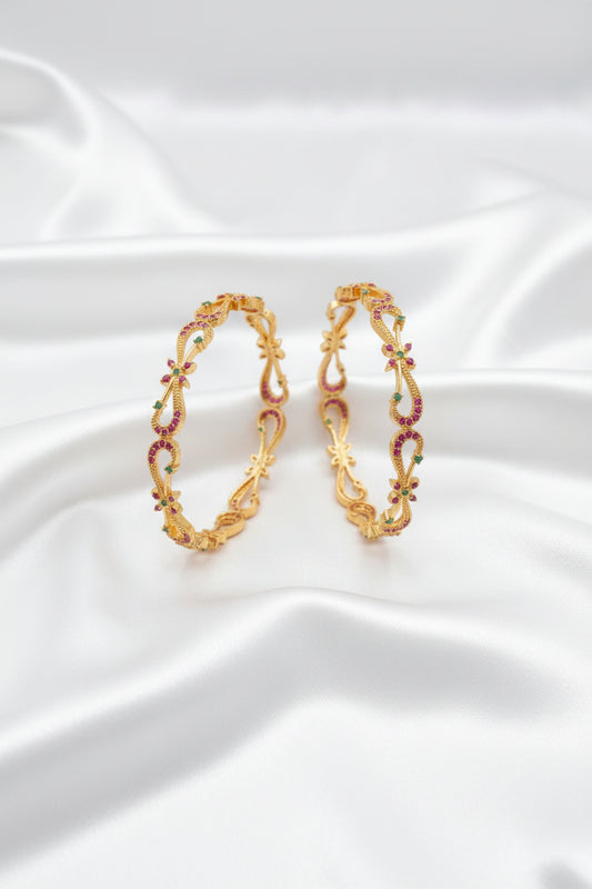 Elegant Floral Pink & Green Stone Gold-Tone Bangles – Pair