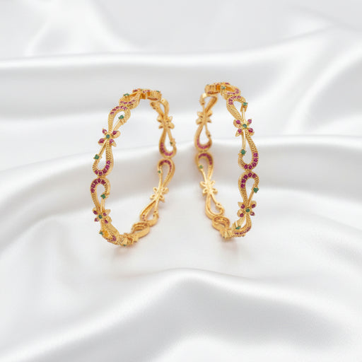 Elegant Floral Pink & Green Stone Gold-Tone Bangles – Pair