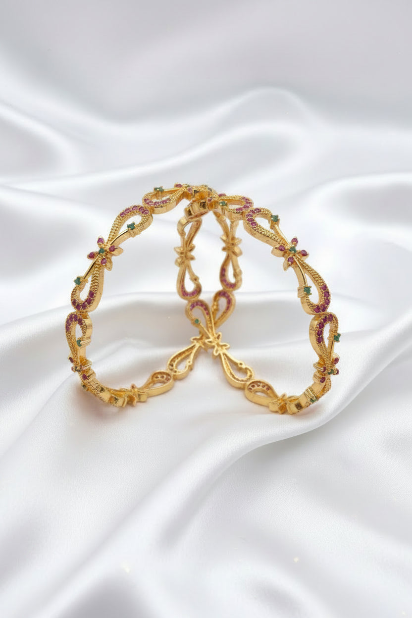 Elegant Floral Pink & Green Stone Gold-Tone Bangles – Pair