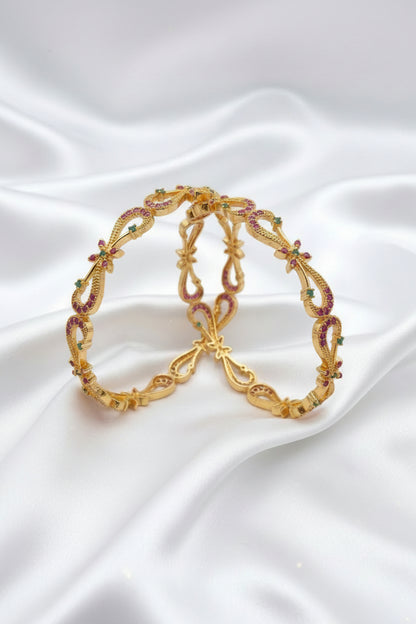 Elegant Floral Pink & Green Stone Gold-Tone Bangles – Pair