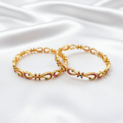 Elegant Floral Pink & Green Stone Gold-Tone Bangles – Pair
