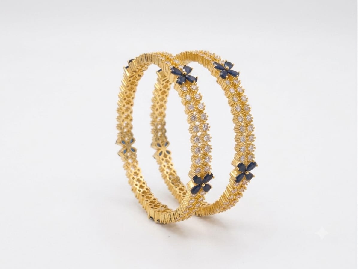 Gold Floral Rhinestone Headband with Navy Blue Accents