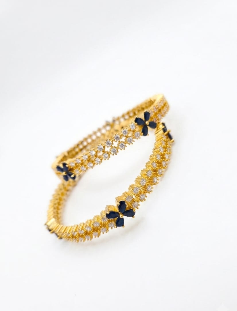 Gold Floral Rhinestone Headband with Navy Blue Accents