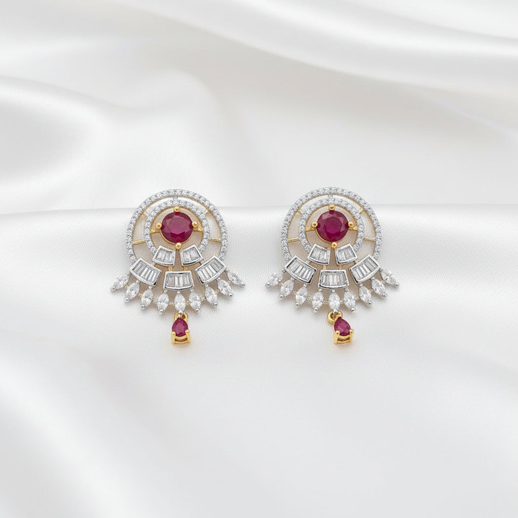 Modern Dual-Tone CZ Diamond Drop Earrings – Art Deco Circular Studs with Ruby Red & Emerald Green Gemstone Accents