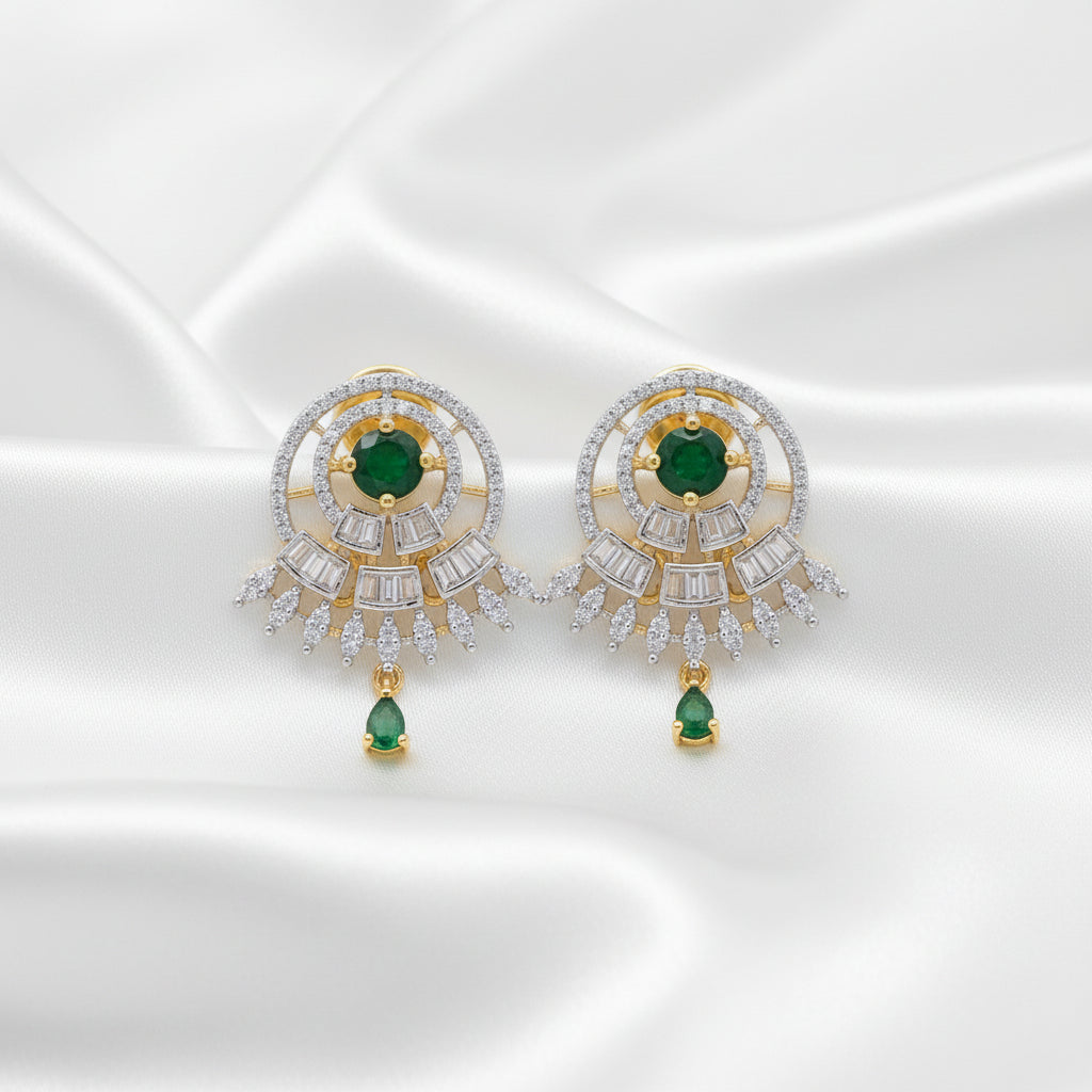 Modern Dual-Tone CZ Diamond Drop Earrings – Art Deco Circular Studs with Ruby Red & Emerald Green Gemstone Accents