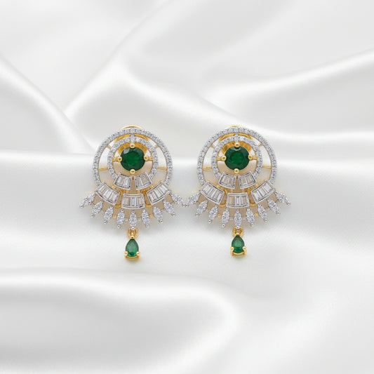 Modern Dual-Tone CZ Diamond Drop Earrings – Art Deco Circular Studs with Ruby Red & Emerald Green Gemstone Accents