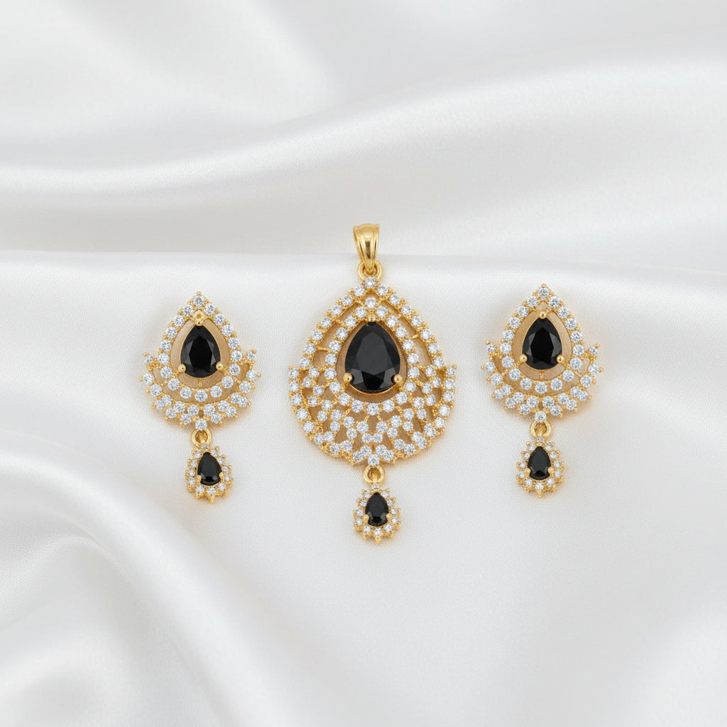 Black & Blue Teardrop Pendant & Drop Earrings Jewelry Set | CZ Stone Statement Set