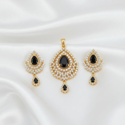 Black & Blue Teardrop Pendant & Drop Earrings Jewelry Set | CZ Stone Statement Set