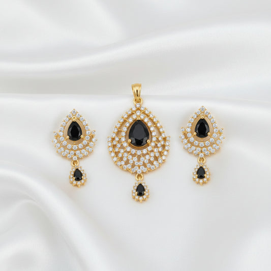 Black & Blue Teardrop Pendant & Drop Earrings Jewelry Set | CZ Stone Statement Set
