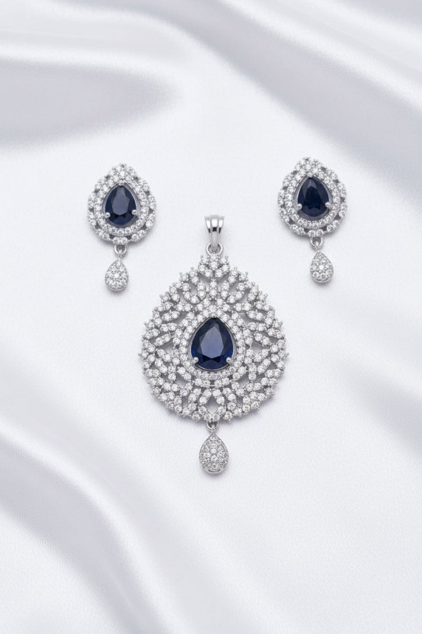 Royal Blue Teardrop CZ Pendant & Earrings Set | Silver Tone Statement Jewelry