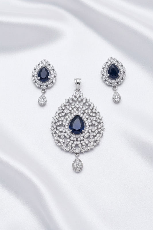 Royal Blue Teardrop CZ Pendant & Earrings Set | Silver Tone Statement Jewelry