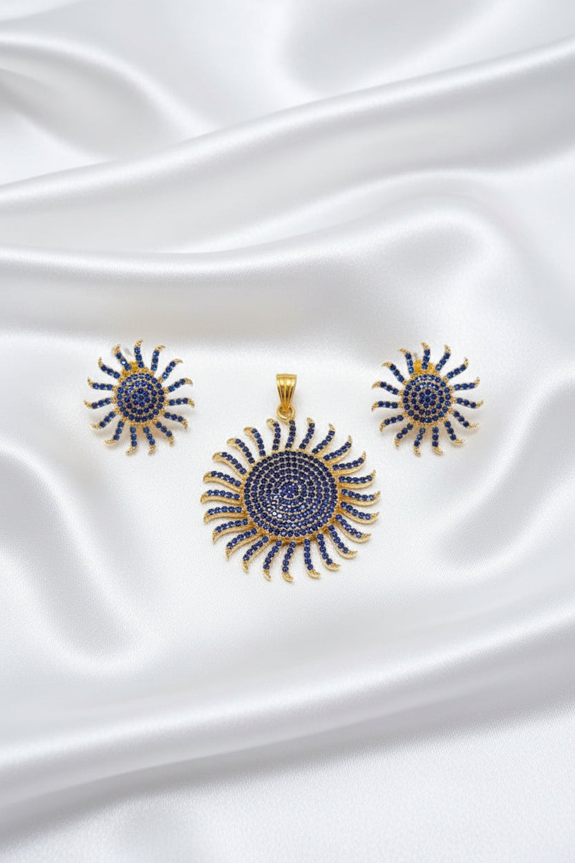 Sunburst CZ Pendant & Stud Earrings Set | Gold Tone Statement Jewelry | 3 Colors