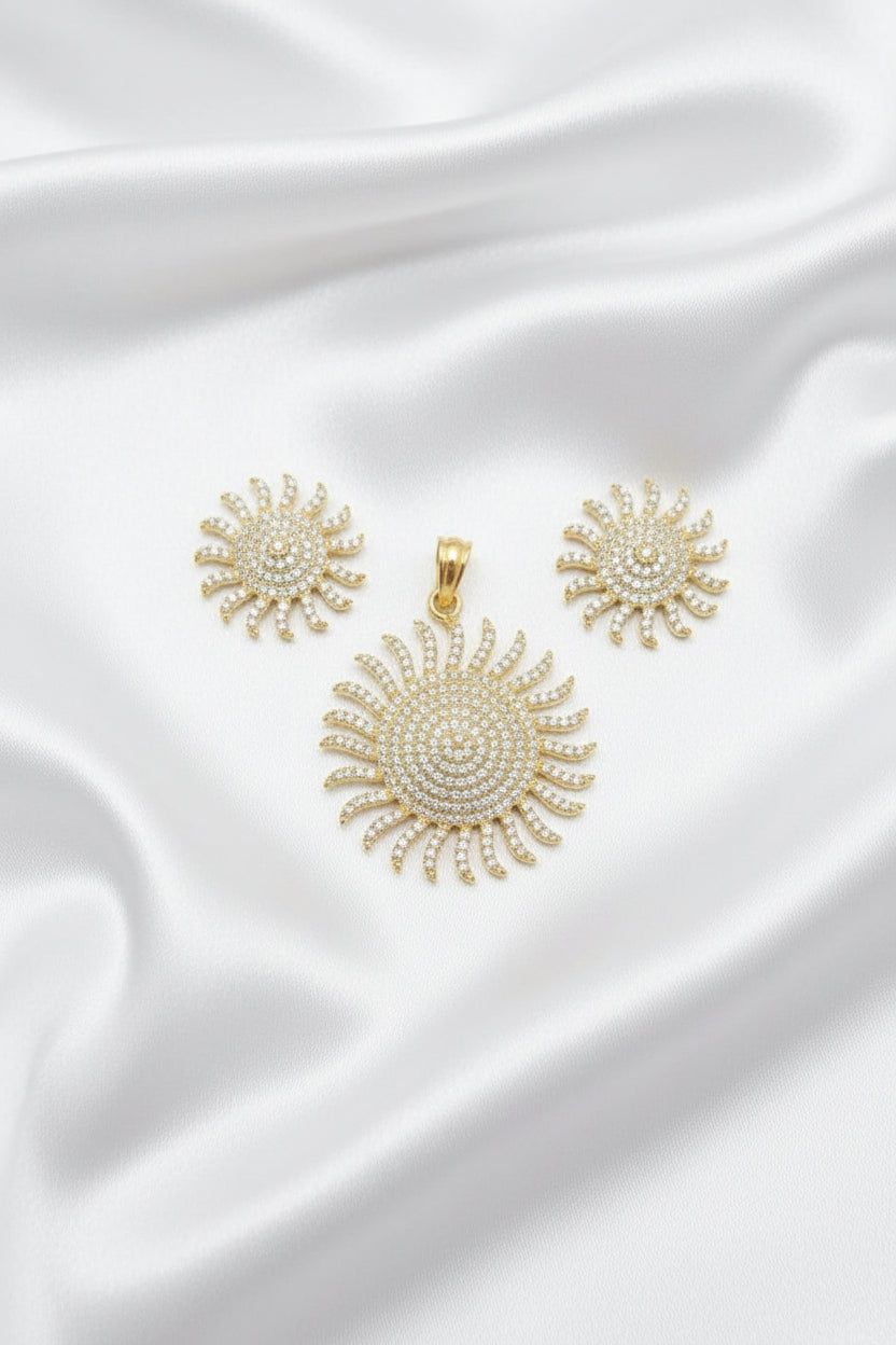 Sunburst CZ Pendant & Stud Earrings Set | Gold Tone Statement Jewelry | 3 Colors
