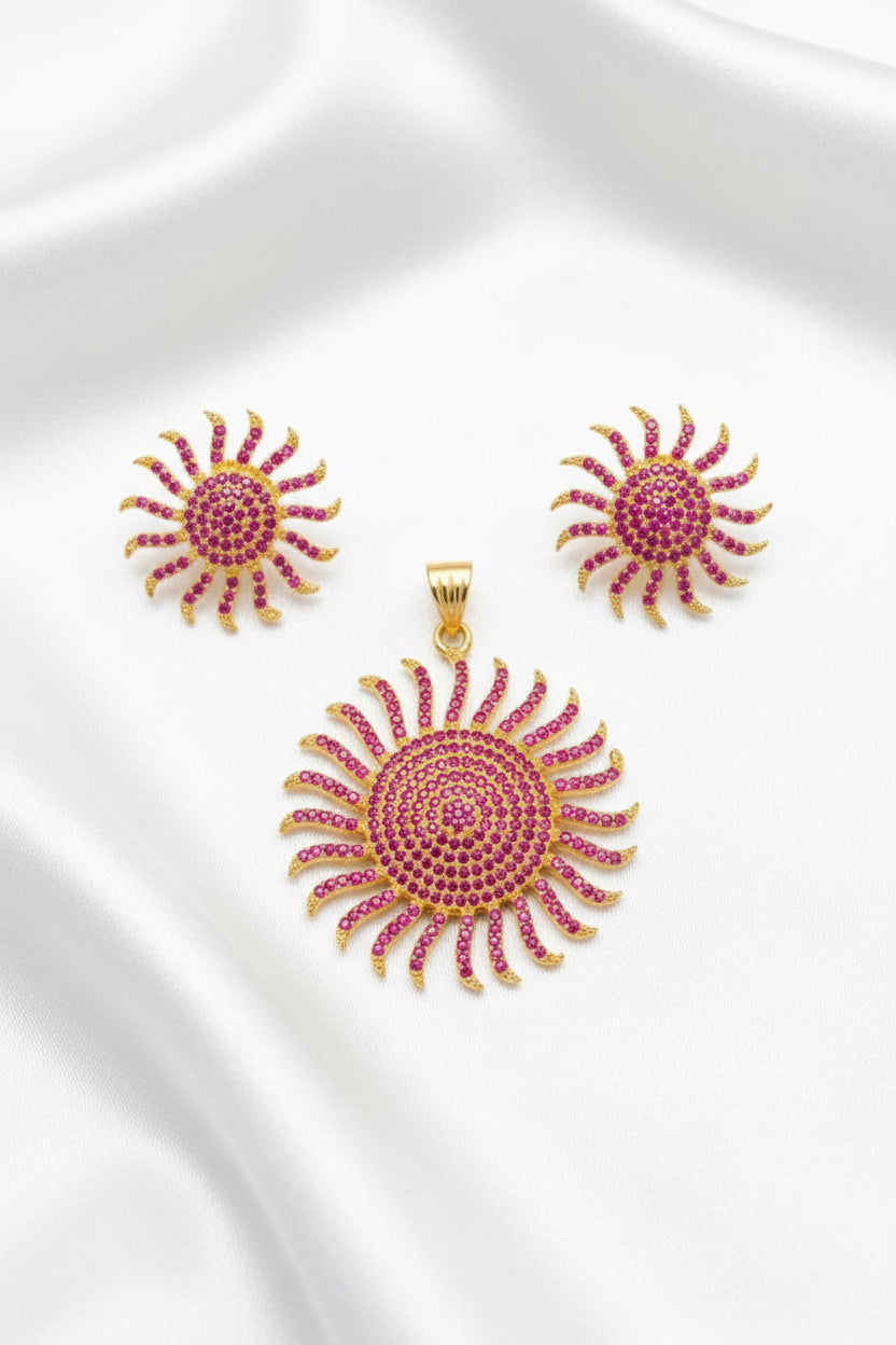 Sunburst CZ Pendant & Stud Earrings Set | Gold Tone Statement Jewelry | 3 Colors