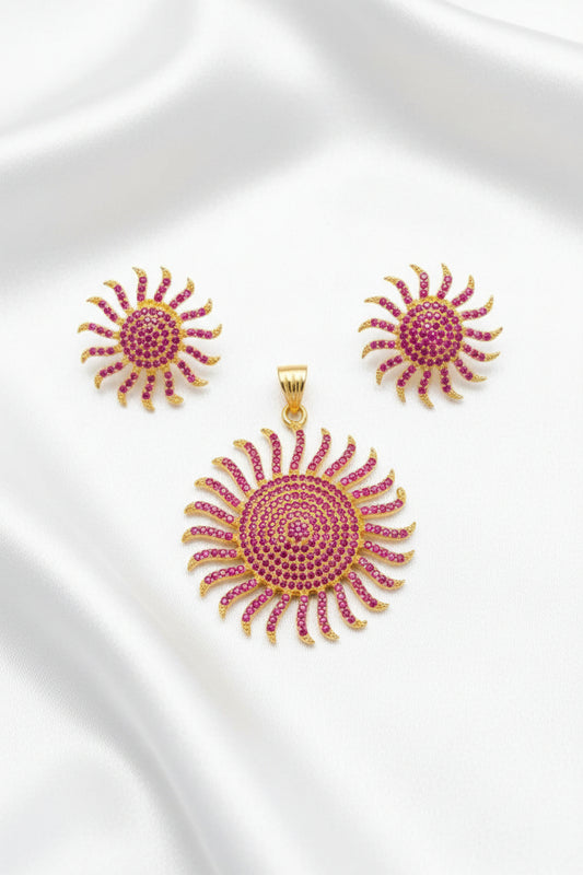 Sunburst CZ Pendant & Stud Earrings Set | Gold Tone Statement Jewelry | 3 Colors