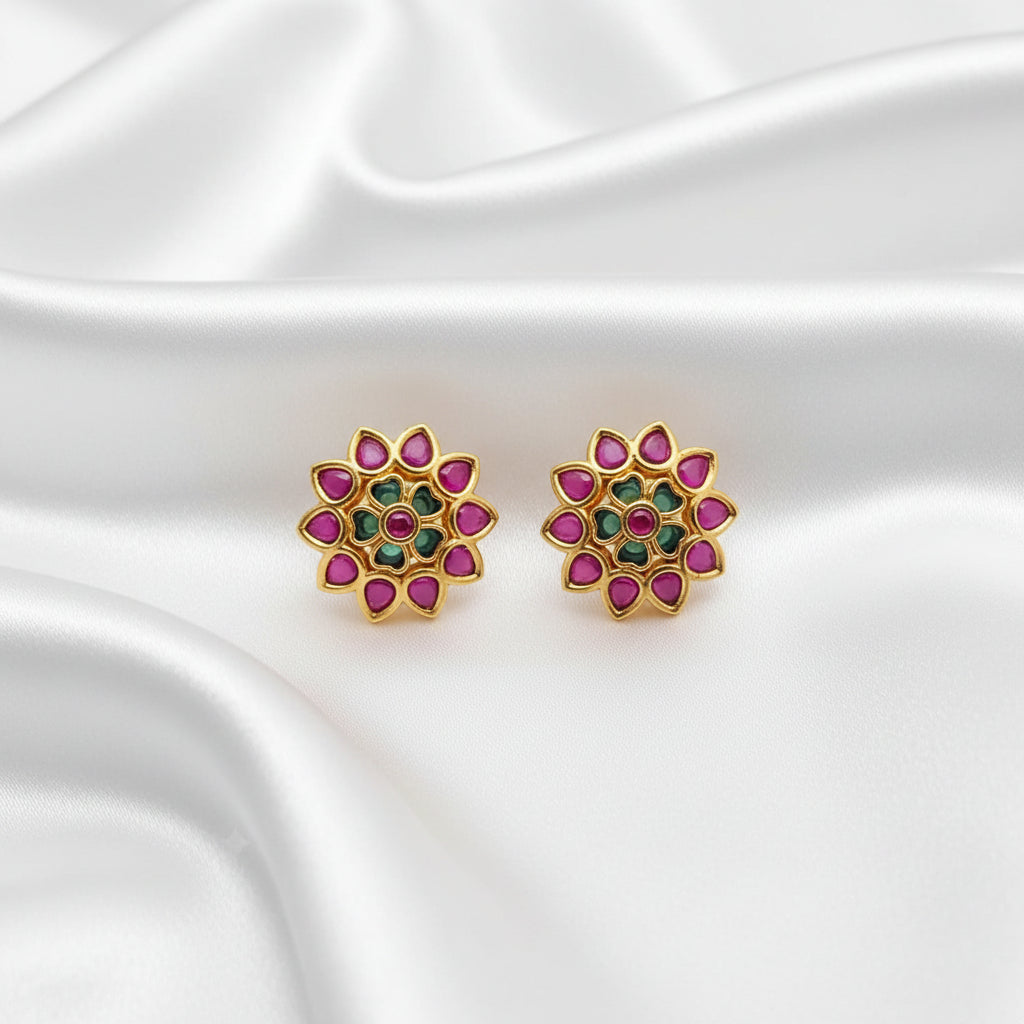Set of 2 Pairs Traditional Indian Kundan-Style Floral Mandala Stud Earrings - Gold Plated with Emerald Green and Pink Stones