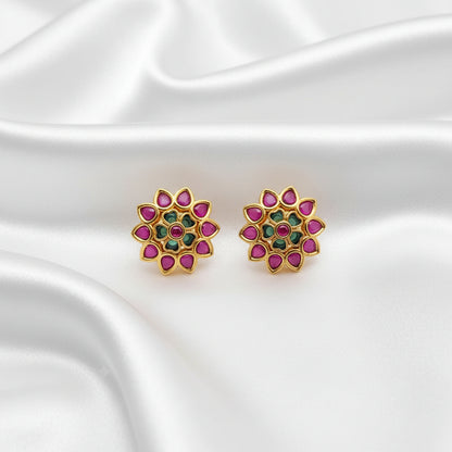 Set of 2 Pairs Traditional Indian Kundan-Style Floral Mandala Stud Earrings - Gold Plated with Emerald Green and Pink Stones
