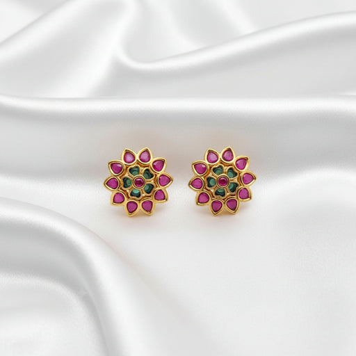 Set of 2 Pairs Traditional Indian Kundan-Style Floral Mandala Stud Earrings - Gold Plated with Emerald Green and Pink Stones